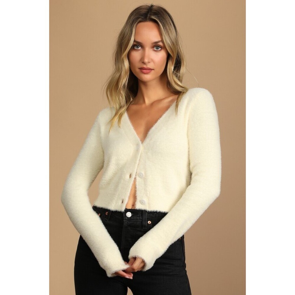Lulus Winter Warmth Cream Eyelash Knit Fuzzy Cardigan Sweater White - Size S